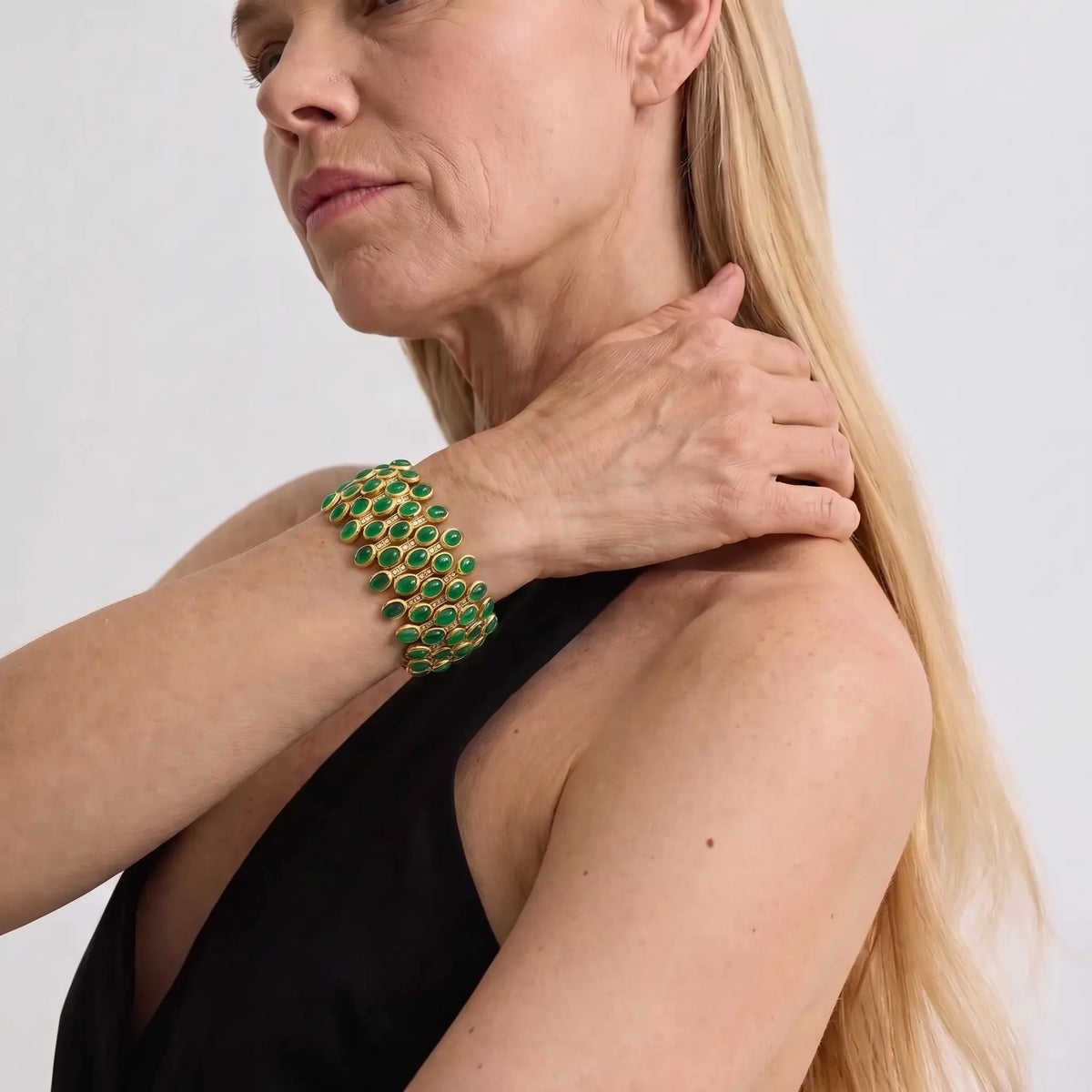 Emerald Mosaic Gold-Tone Green Crystal-Style Statement Bracelet