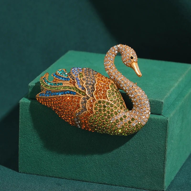 Gold-Tone Aurora Swan Brooch with Multicolor Crystal-Style Accents