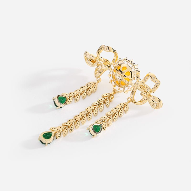 Bowfall Crystal-Style Emerald Accent Dangle Brooch in Gold-Tone