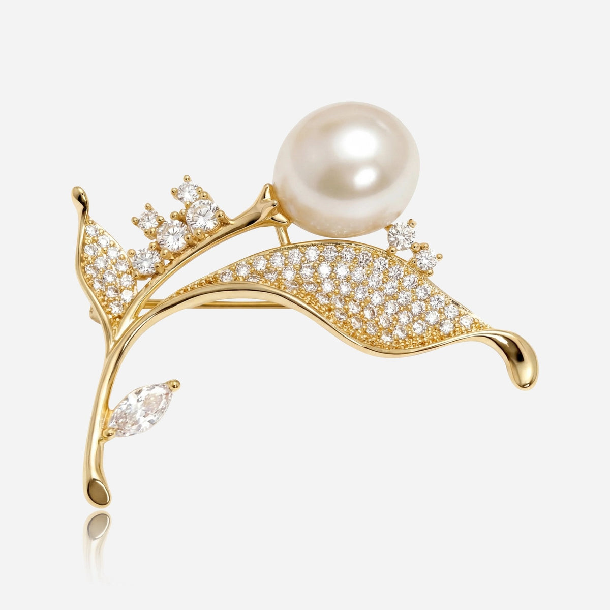 Crystal-Style Leaf Brooch with Pearl-Style Accent in Gold-Tone