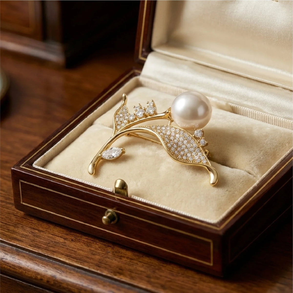 Crystal-Style Leaf Brooch with Pearl-Style Accent in Gold-Tone