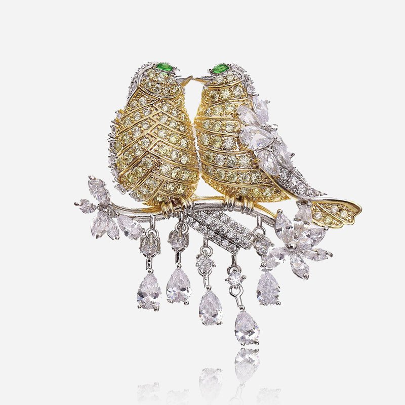 Gold-Tone Crystal-Style Lovebirds Brooch with Dangle Accents