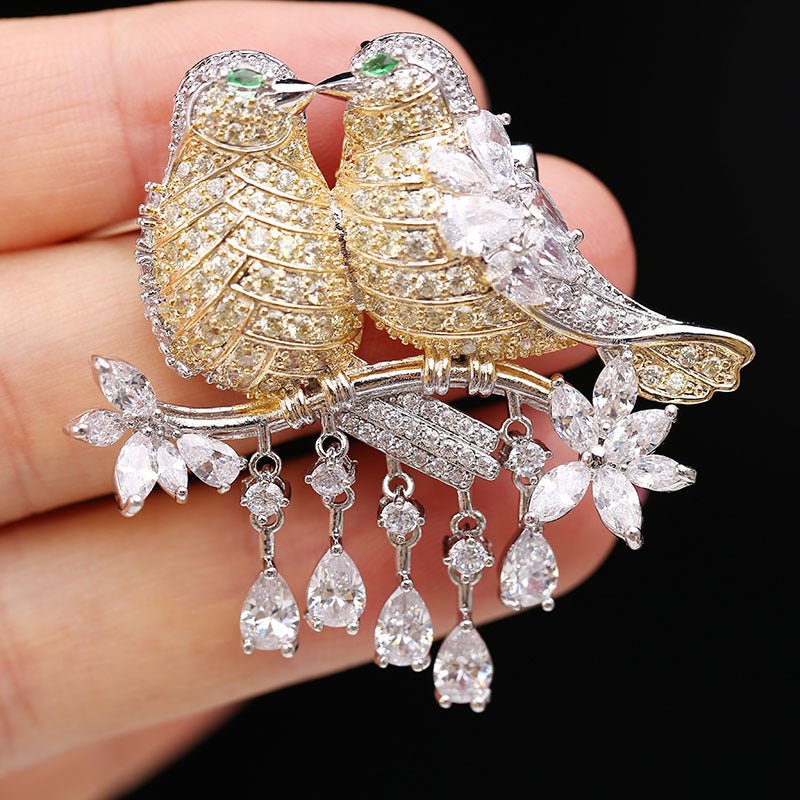 Gold-Tone Crystal-Style Lovebirds Brooch with Dangle Accents