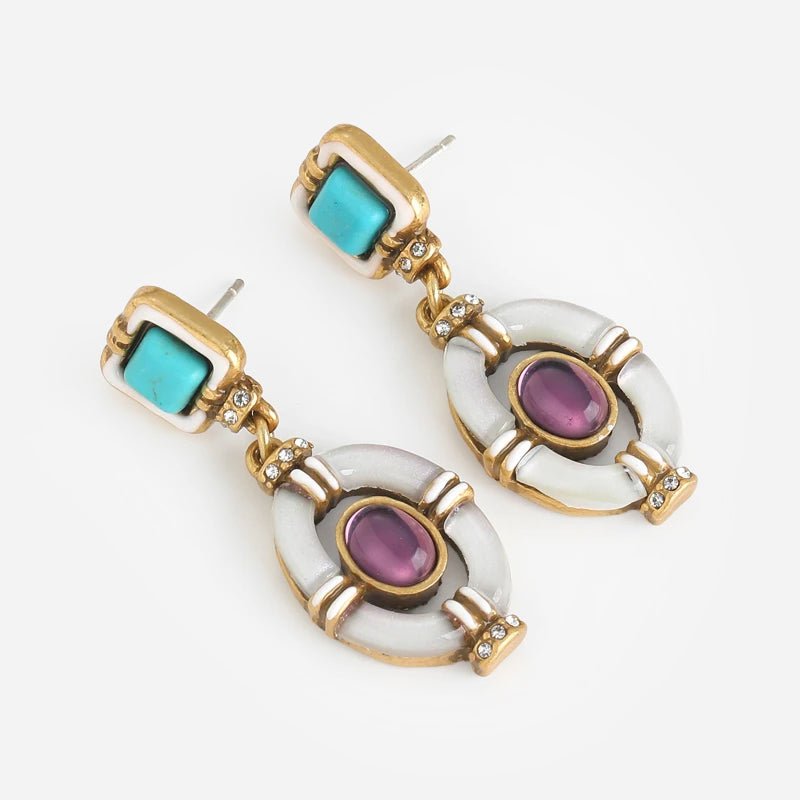 Enamel Frame Drop Earrings with Crystal-Style Accents in Gold-Tone