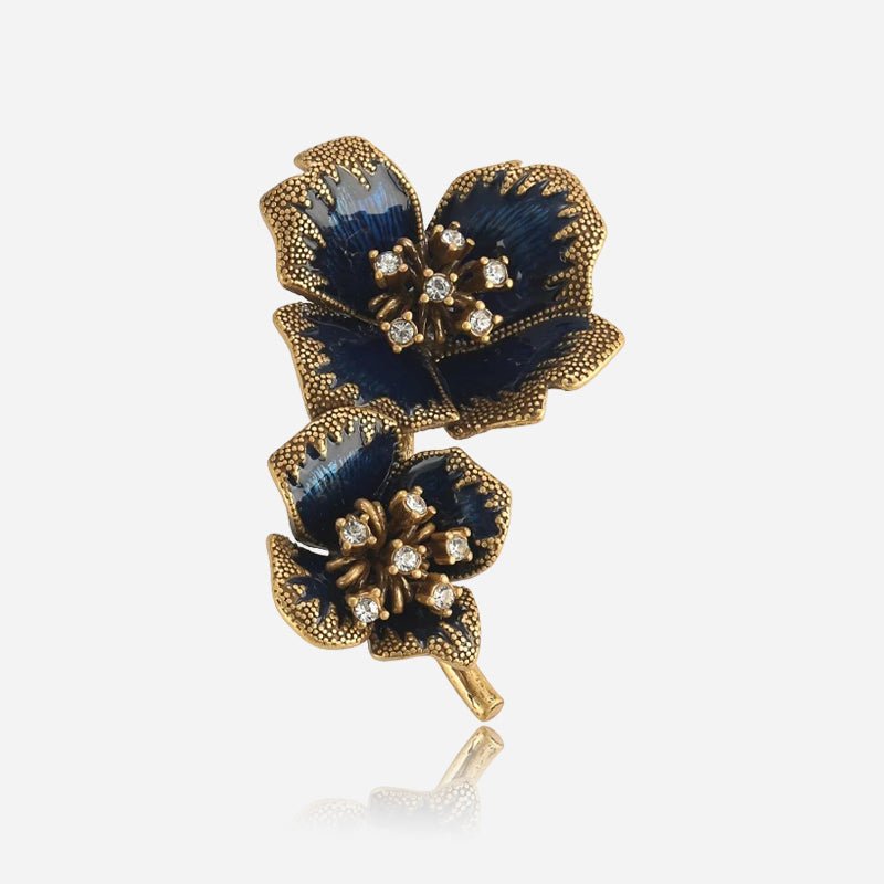 Gold-Tone Midnight Blue Crystal-Style Floral Brooch