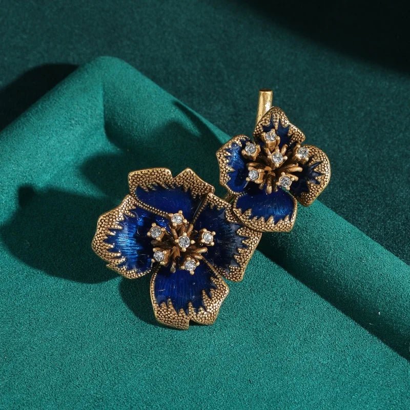 Gold-Tone Midnight Blue Crystal-Style Floral Brooch