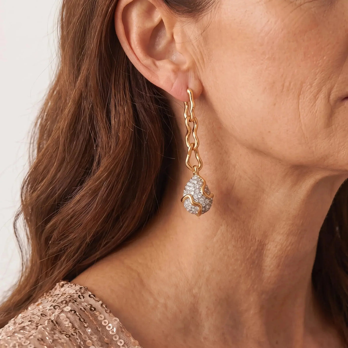 Gold-Tone Molten Crystal-Style Drop Earrings with Textured Accents
