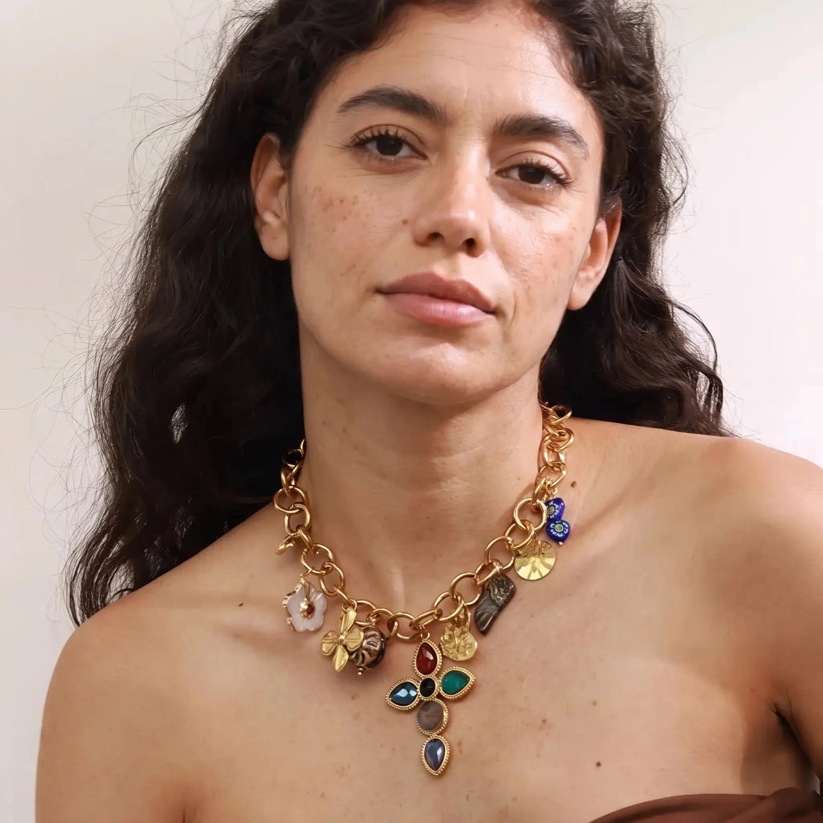 Multicolor Crystal-Style Charm Talisman Statement Necklace in Gold-Tone
