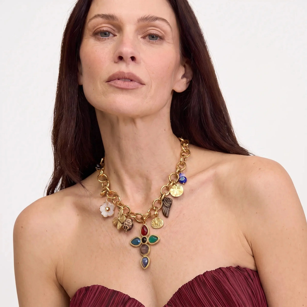 Multicolor Crystal-Style Charm Talisman Statement Necklace in Gold-Tone