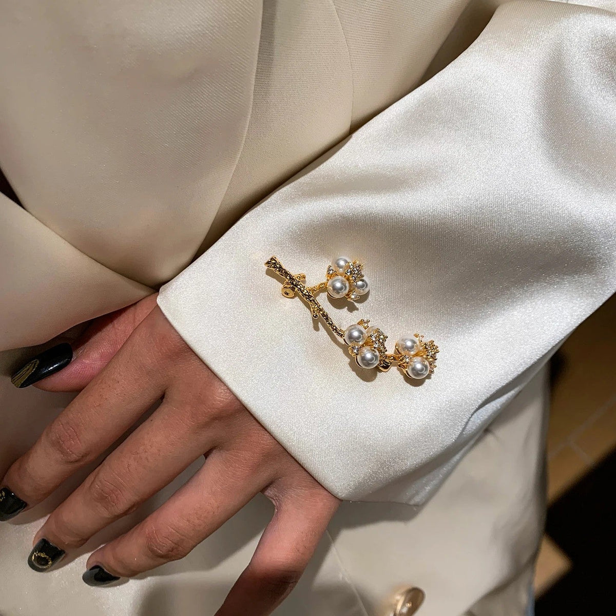 Gold-Tone Pearl-Style Blossom Brooch with Crystal-Style Accents