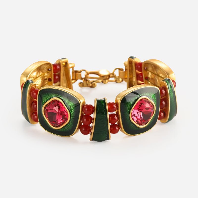 Gold-Tone Red and Green Enamel Crystal-Style Statement Bracelet