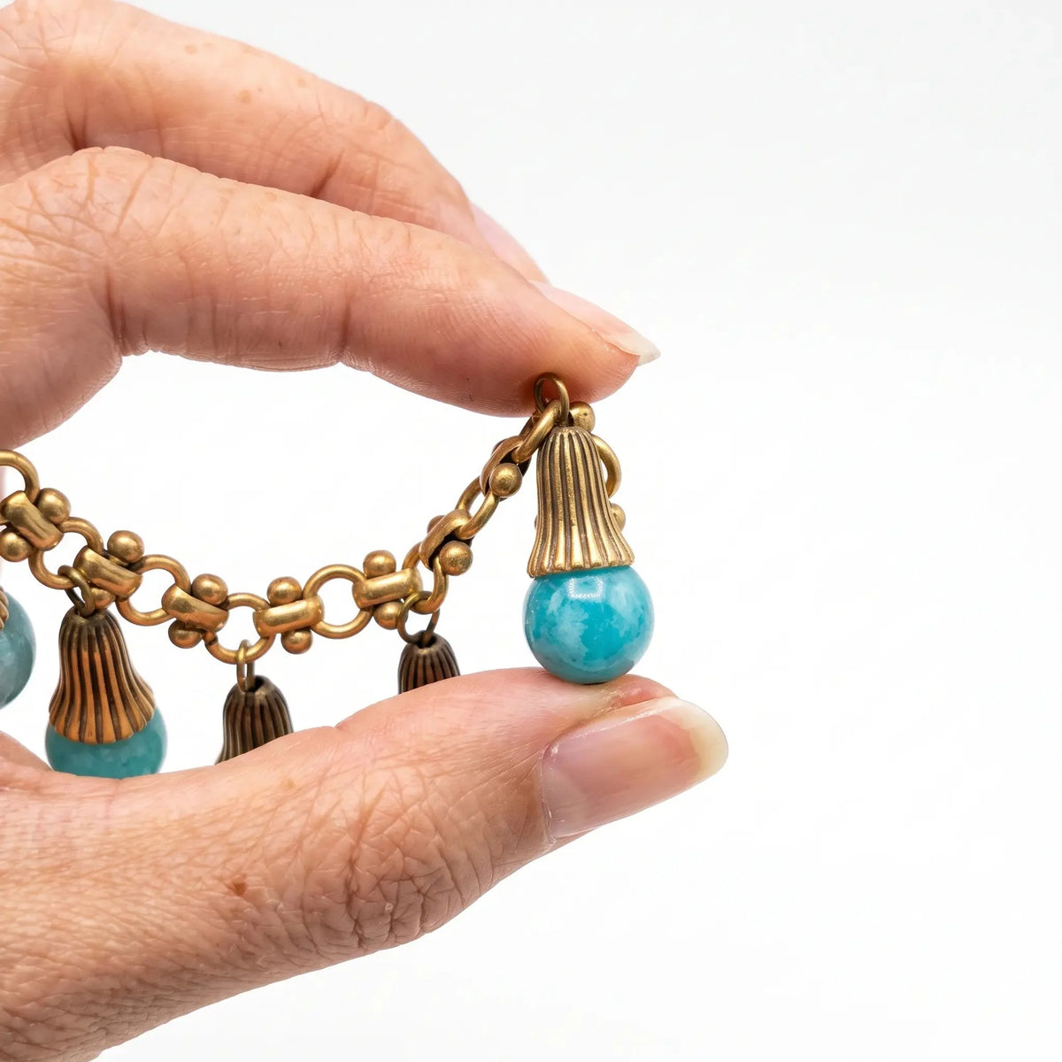 Turquoise-Style Beaded Drop Charm Bracelet in Gold-Tone