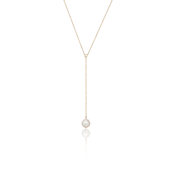 Gold Single Diamond Style Pearl Lariat Necklace