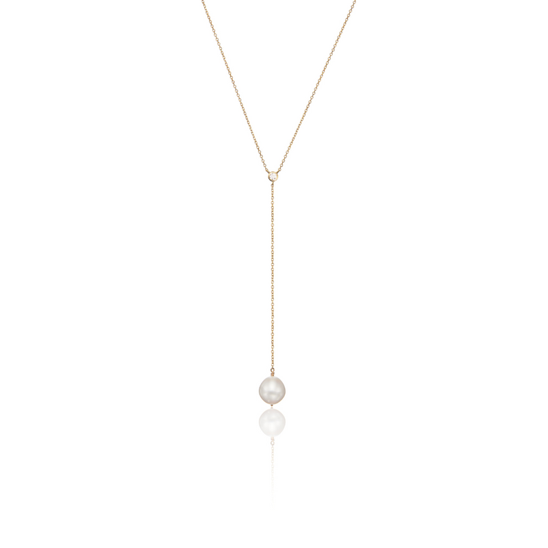 Gold Single Diamond Style Pearl Lariat Necklace