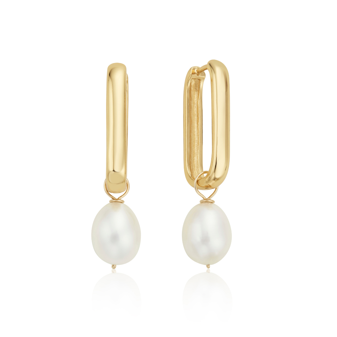 Gold-Tone Large Plain Pearl-Style Drop Hoop Earrings