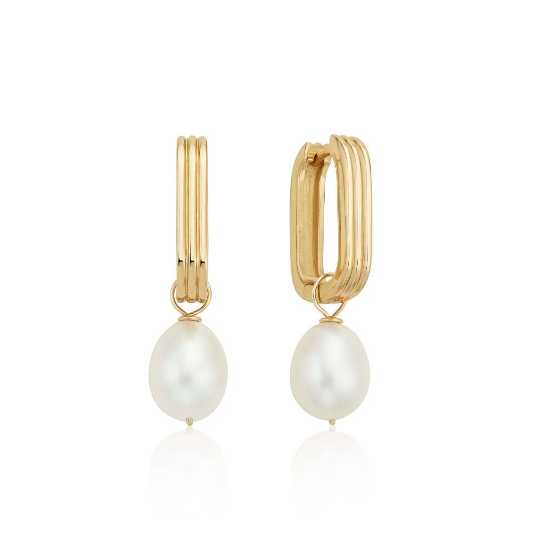 Gold-Tone Ribbed Pearl-Style Drop Hoop Earrings