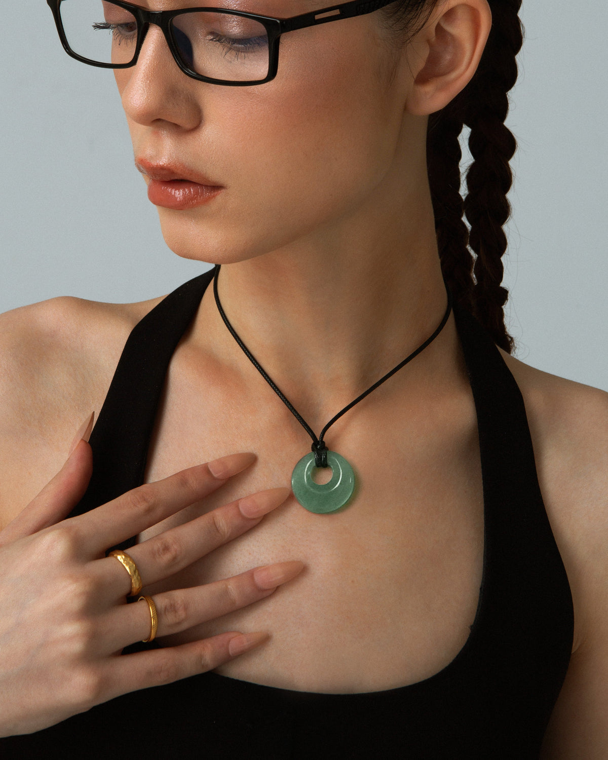 Green Crystal-Style Donut Pendant Cord Necklace