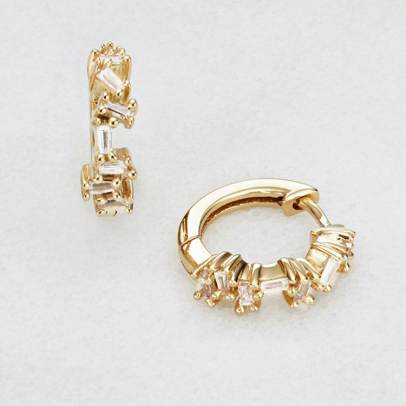 Gold Diamond Style Jagged Huggie Hoop Earrings