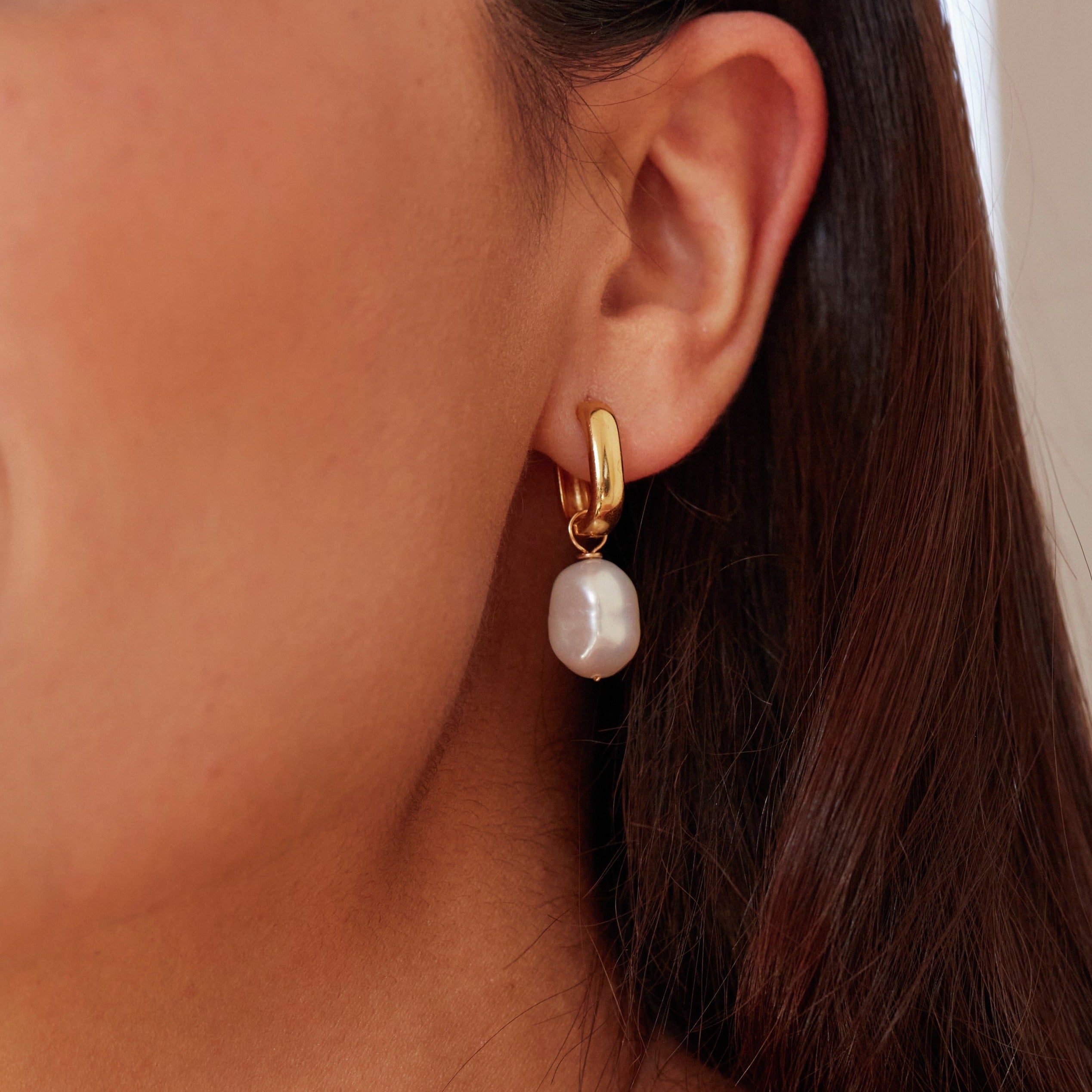 Gold-Tone Thick Squared Hoop Pearl-Style Drop Earrings
