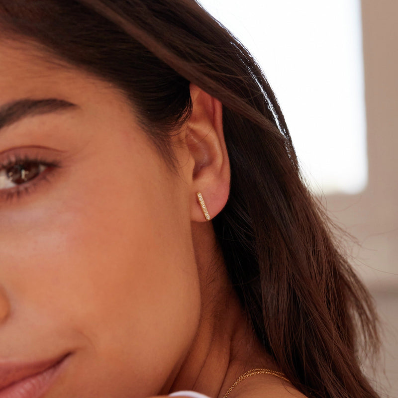 Gold Diamond Style Bar Stud Earrings