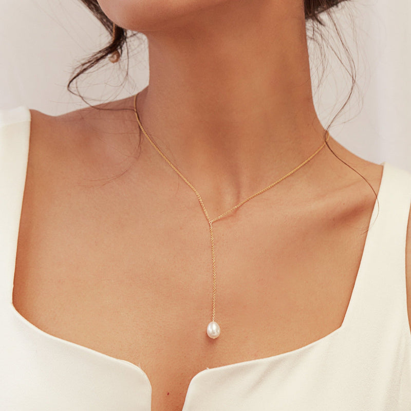Gold Large Pearl Lariat Necklace