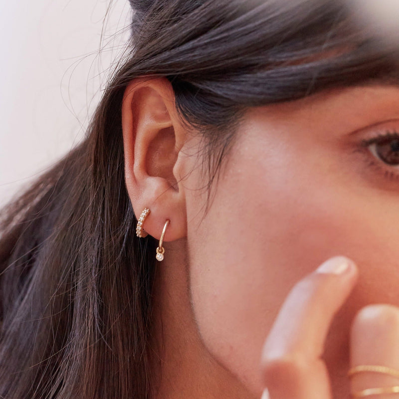 Solid Gold Mini Floating Diamond Hoop Earrings