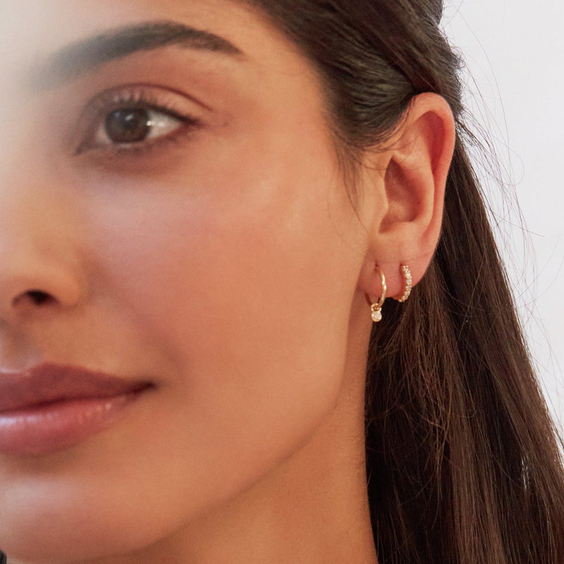 Solid Gold Mini Floating Diamond Hoop Earrings