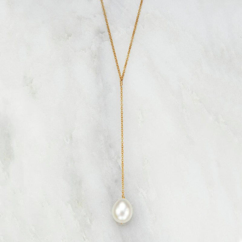 Rose Gold Large Pearl Lariat Necklace