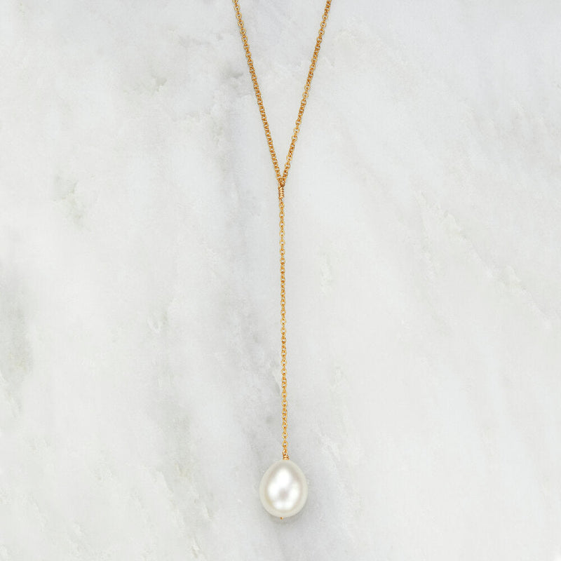 Gold Large Pearl Lariat Necklace