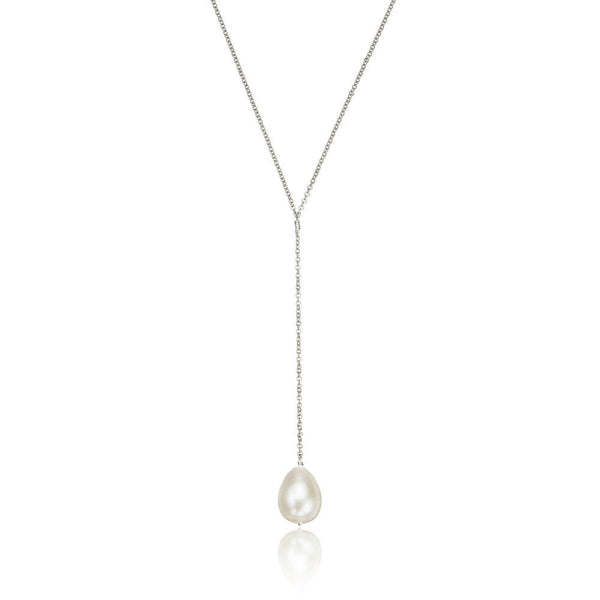 Solid White Gold Large Pearl Lariat Necklace