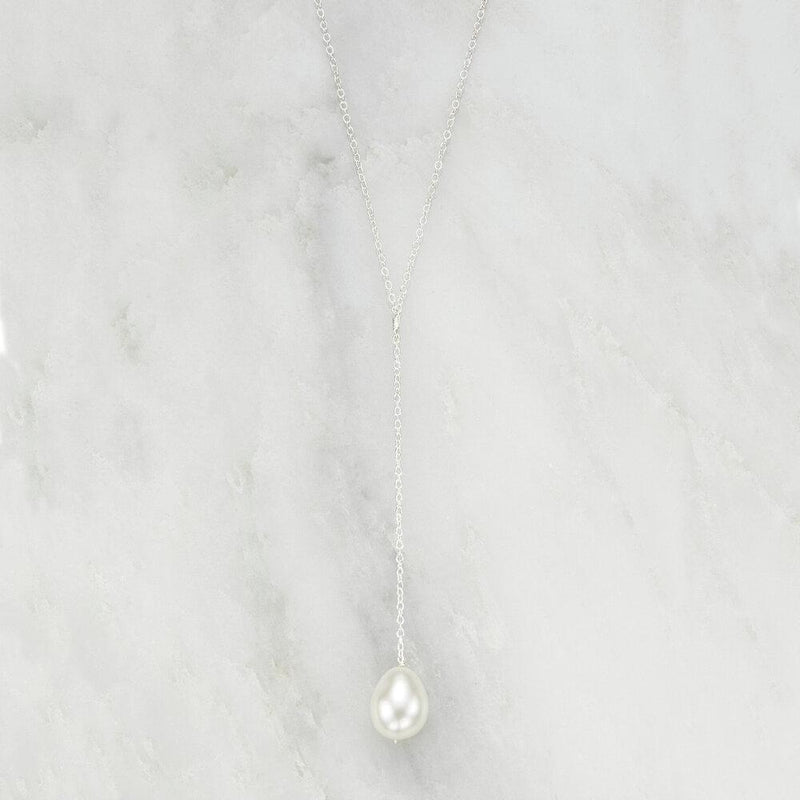 Solid White Gold Large Pearl Lariat Necklace