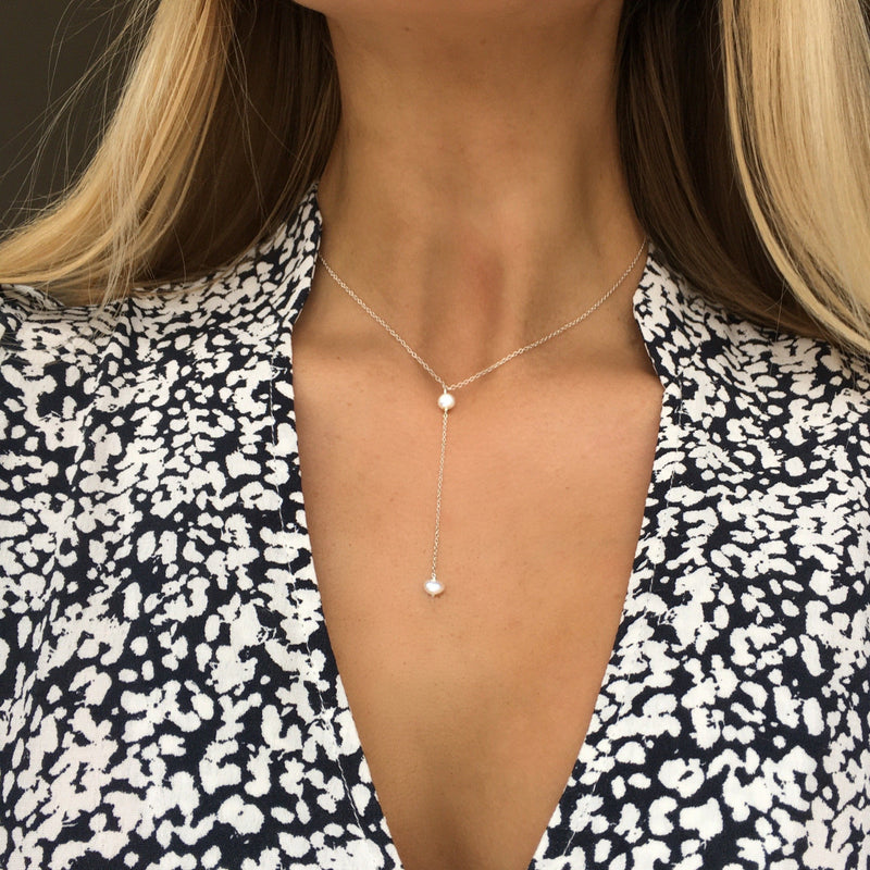 Solid White Gold Pearl Lariat Necklace