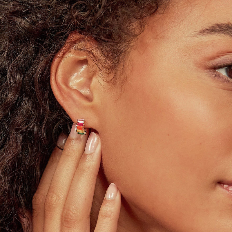 Silver Rainbow Gemstone Cluster Huggie Hoop Earrings