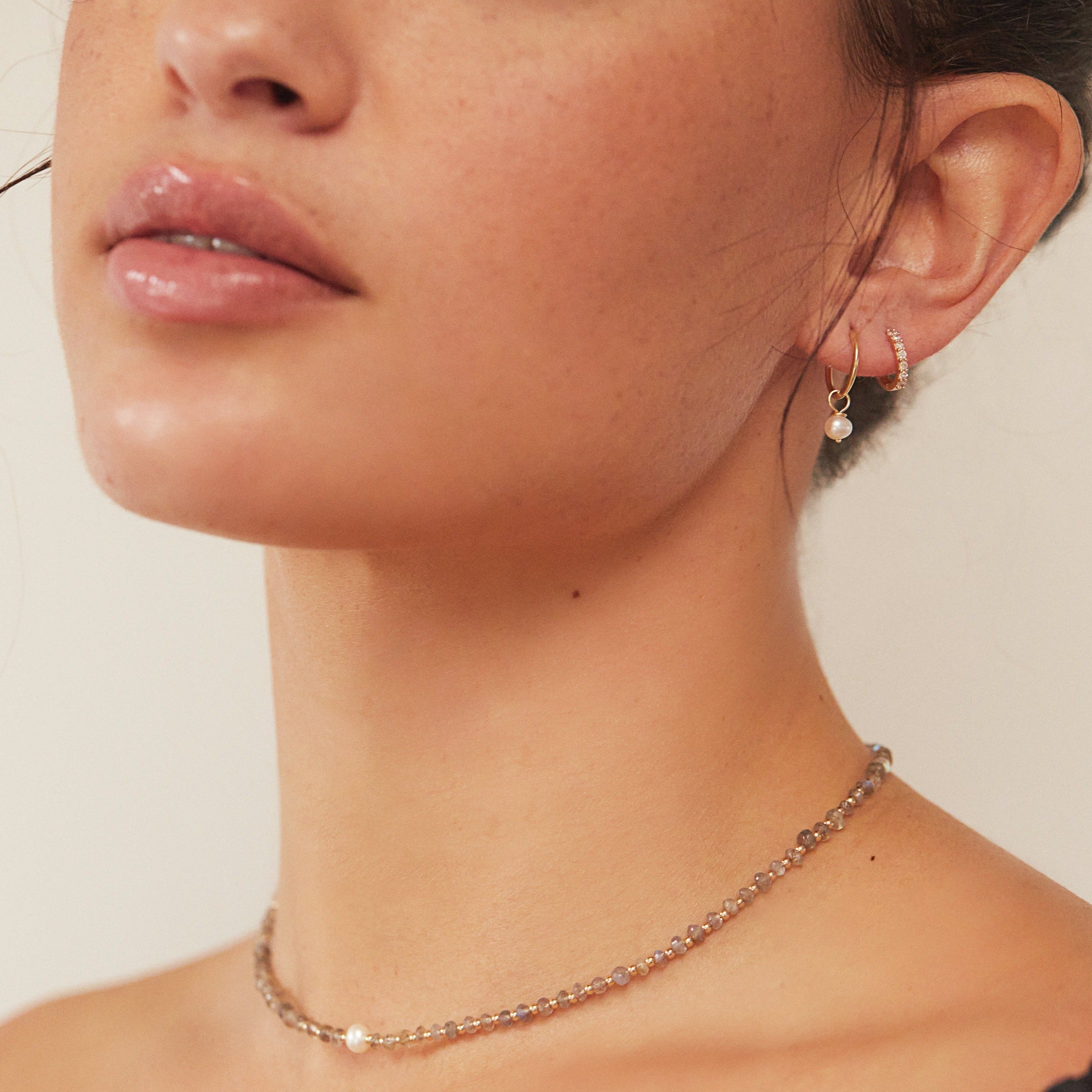 White Gold-Tone Small Pearl-Style Drop Hoop Earrings