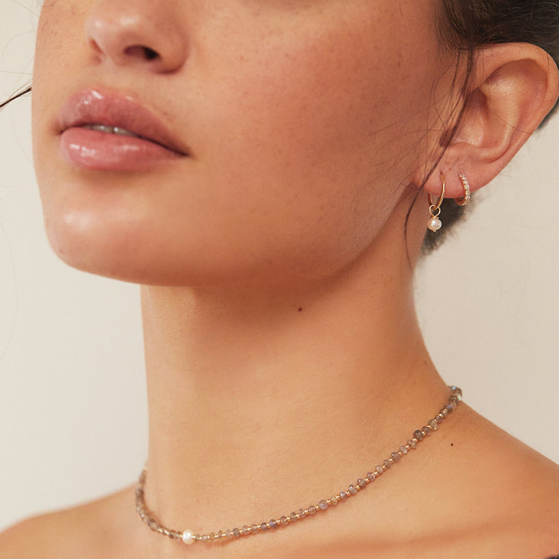 Solid Gold Small Pearl Drop Hoop Earrings