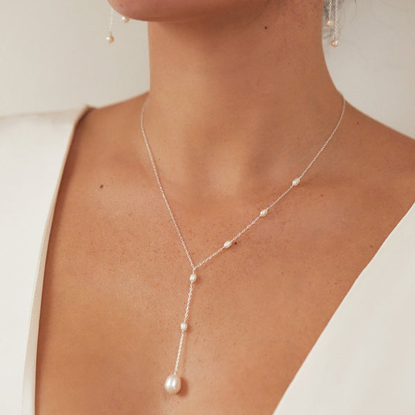 Solid White Gold Seed Pearl Lariat Necklace