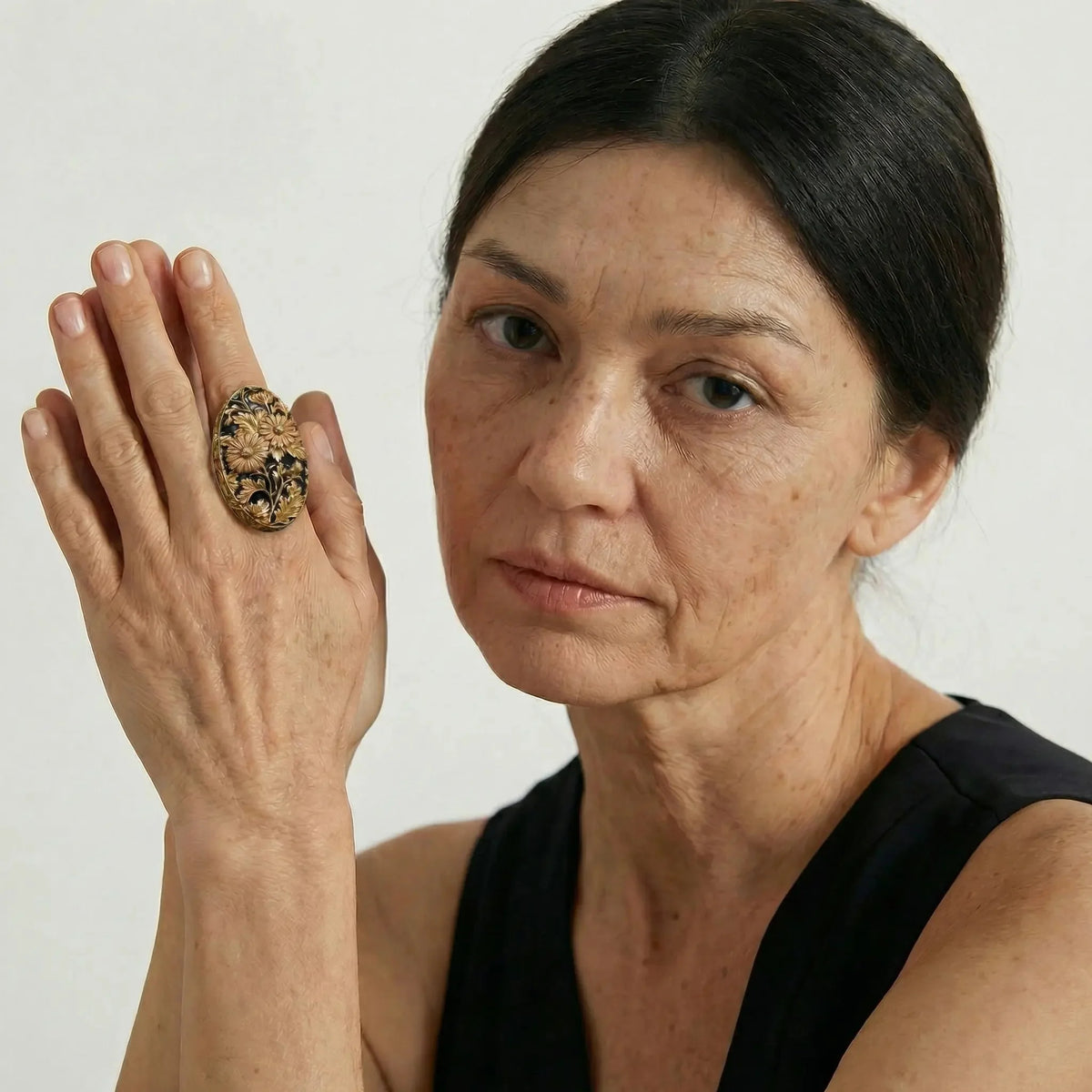 MidnightBloom Floral Vintage Statement Ring in Gold-Tone