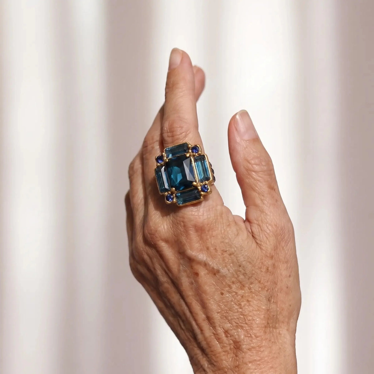 Midnight Prism Blue Crystal-Style Statement Ring in Gold-Tone