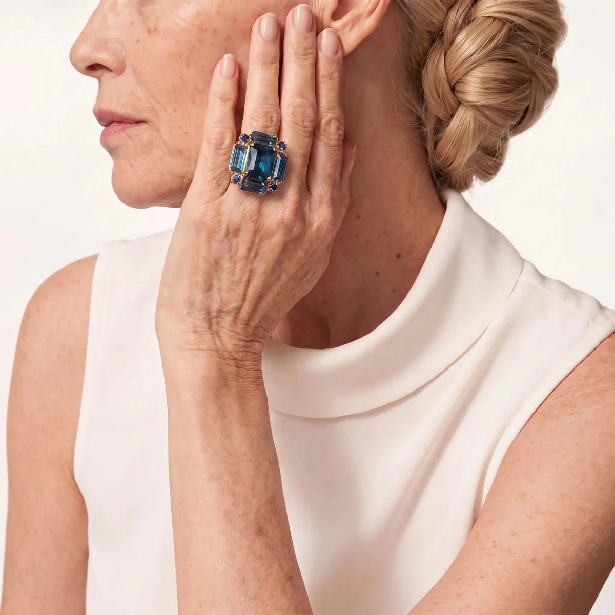 Midnight Prism Blue Crystal-Style Statement Ring in Gold-Tone