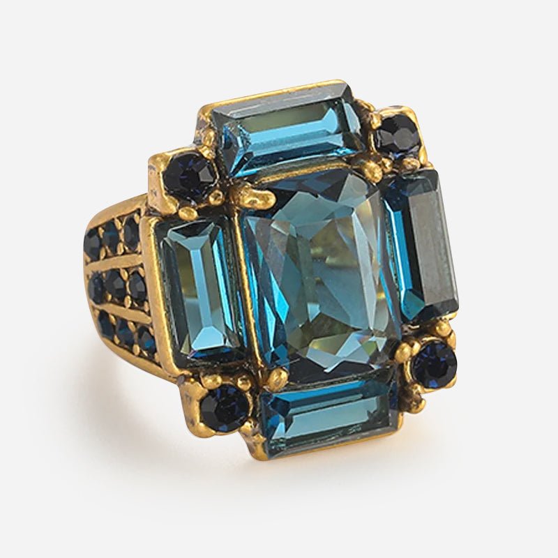 Midnight Prism Blue Crystal-Style Statement Ring in Gold-Tone
