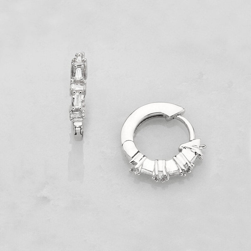 Silver Diamond Style Baguette Huggie Hoop Earrings