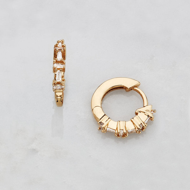 Gold Diamond Style Baguette Huggie Hoop Earrings