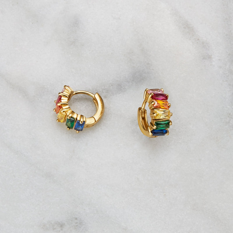 Gold Rainbow Gemstone Cluster Huggie Hoop Earrings