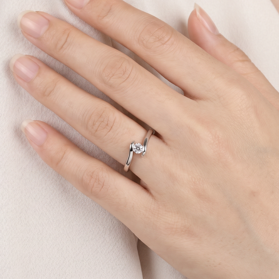 Silver-Tone Curved Band Ring with Crystal-Style Center Stone