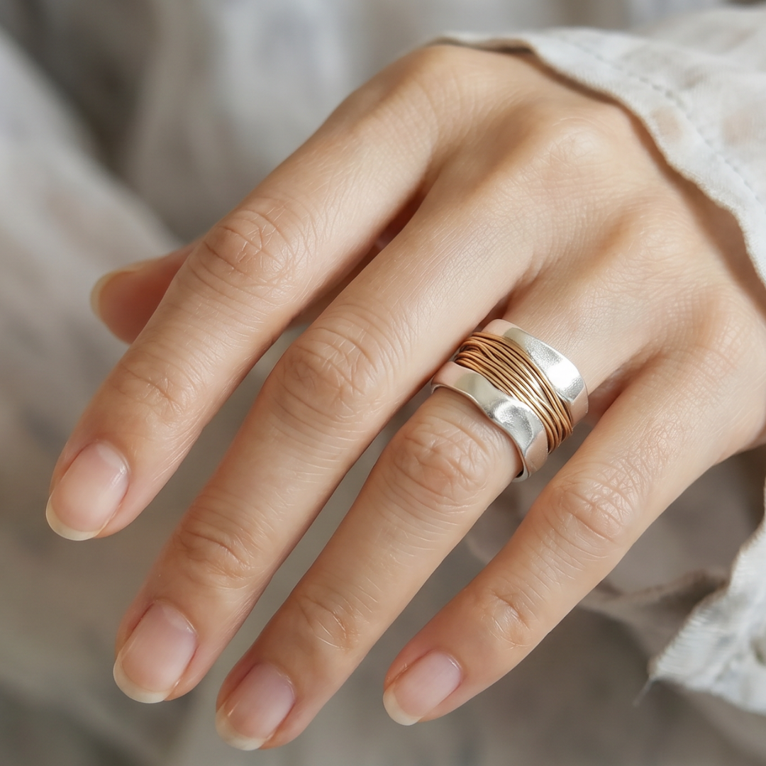 Silver-Tone & Gold-Tone Wrapped Wire Statement Ring