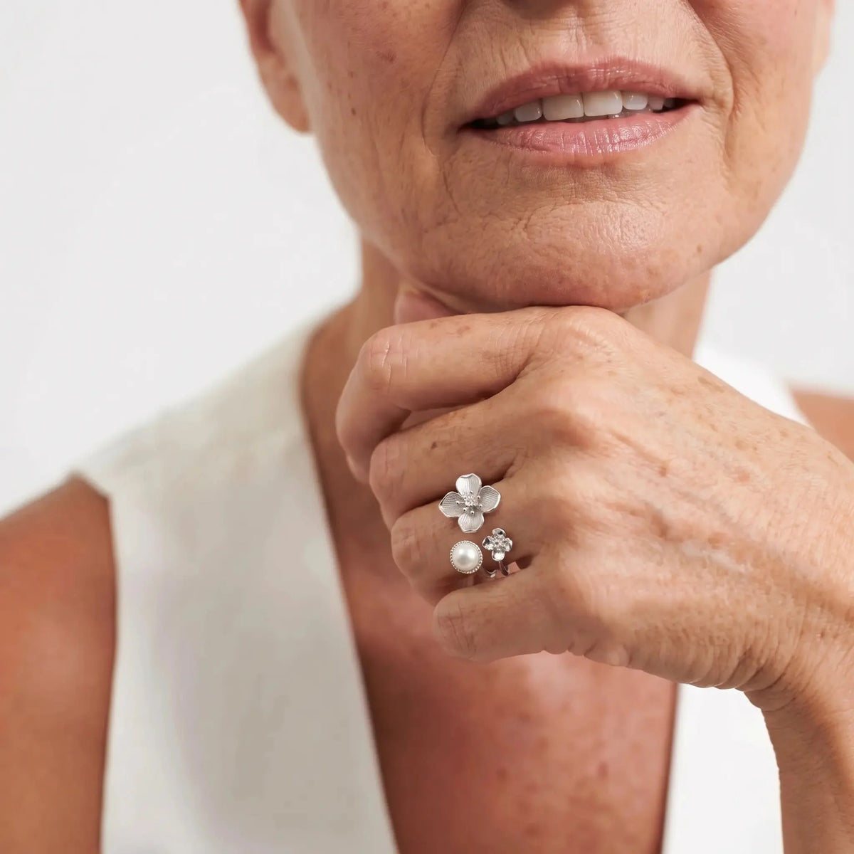 Pearl-Style Blossom Ring with Floral Accents in Silver-Tone