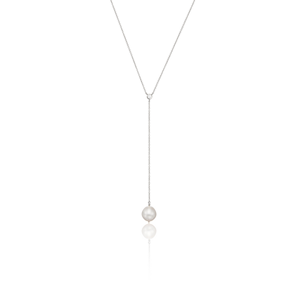 Silver Single Diamond Style Pearl Lariat Necklace