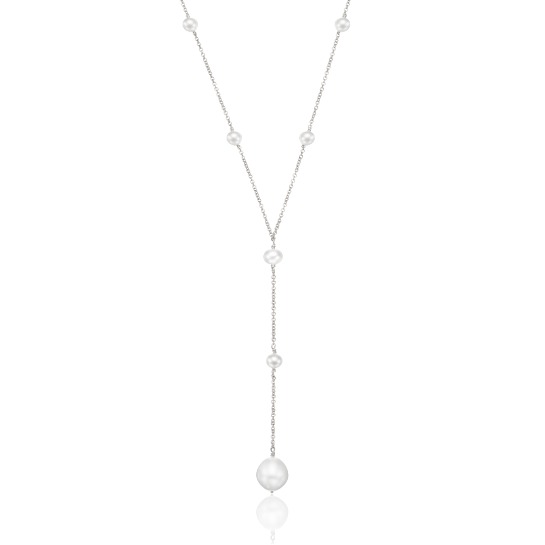 White Gold-Tone Multi Pearl-Style Lariat Necklace