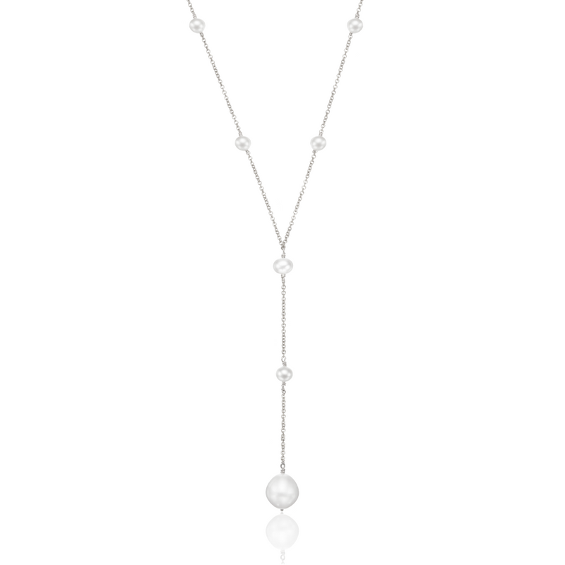 Solid White Gold Multi Pearl Lariat Necklace