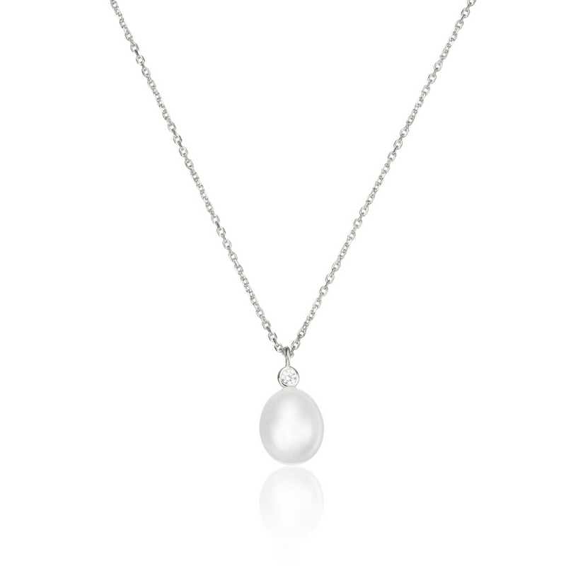 Silver Single Diamond Style Pearl Necklace